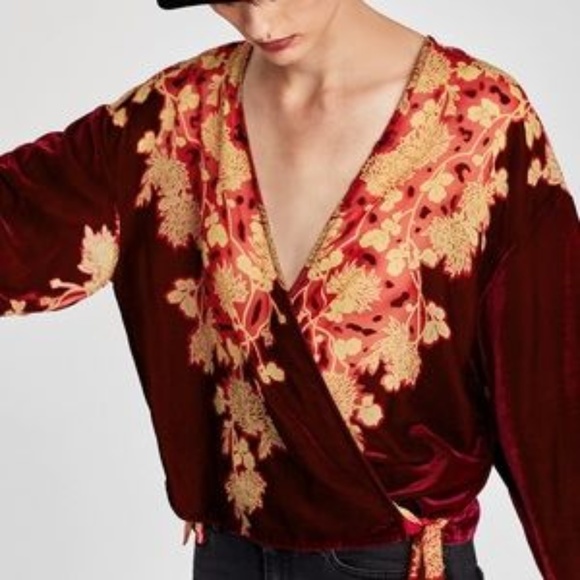 Zara Tops - Zara printed Kimono with velvet trims in wine